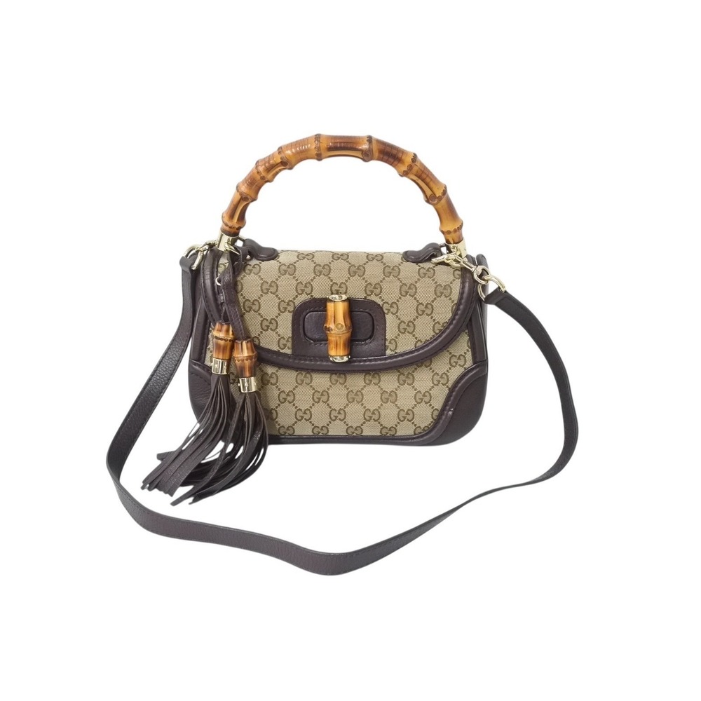 GUCCI Handbag Beige Tan Brown Bamboo GG Supreme Canvas
